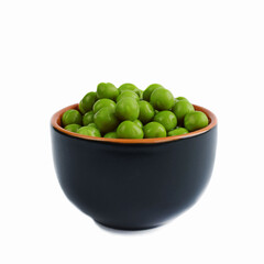 Canned green peas in a plate on a white background.