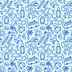 Seamless travel pattern with sun, planes, suitcases, palms, surf, waves. Vector illustration. Good for fabrics  © Elena