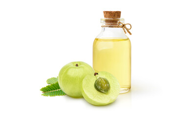 Amla (Indian gooseberry) oil with fruits and leaf isolated on white background.