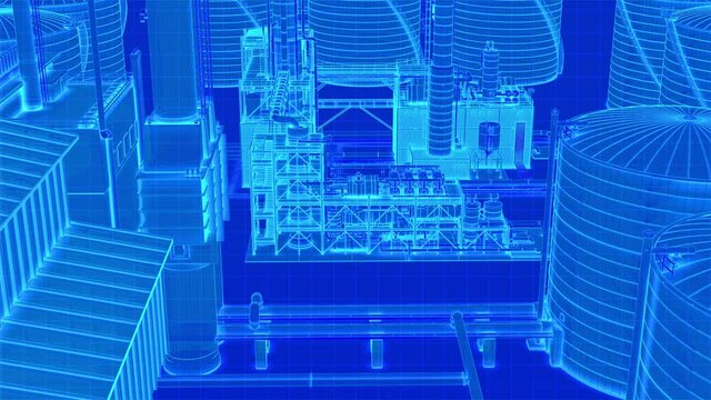 High camera view moving forward to blue neon light wireframe on oil refinery building futuristic digital cyberpunk style ,3D rendering footage.