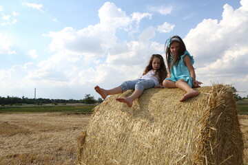 Naklejka na ściany i meble Two little girls playing in a wheat field