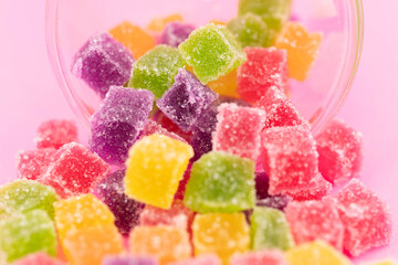 Closed up a lot of colorful cube jelly candy