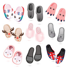 House Slippers Icon Set. Collection of Cartoon Female, Male and Children's Slippers Isolated on White.