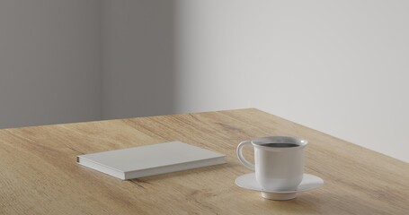 Obraz na płótnie Canvas 3d render coffee cup and blank book on wood table. minimal workspace. wall concept template. hot coffee in mug. cafe and resturant template.