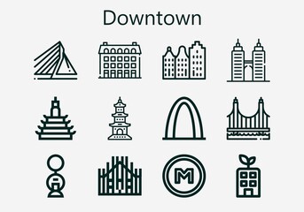 Premium set of downtown [S] icons. Simple downtown icon pack. Stroke vector illustration on a white background. Modern outline style icons collection of Building, Rotterdam, Milan, Metro
