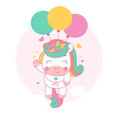 Obraz na płótnie Canvas Cute unicorn cartoon fly with balloons kawaii style