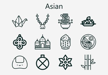 Premium set of asian [S] icons. Simple asian icon pack. Stroke vector illustration on a white background. Modern outline style icons collection of Origami, Jiaozi, Canteen, Shuriken, Pendant