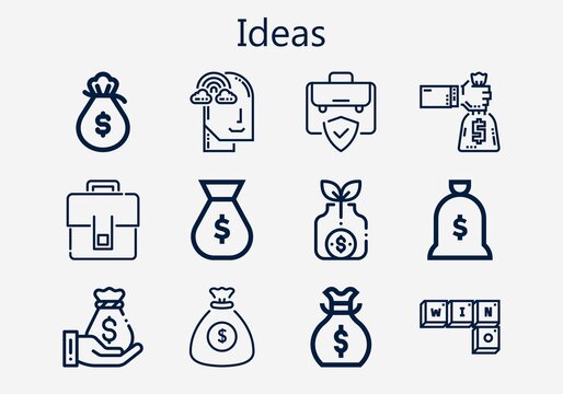 Premium set of ideas [S] icons. Simple ideas icon pack. Stroke vector illustration on a white background. Modern outline style icons collection of Imagination, Portfolio, Money bag, Scrabble