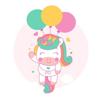 Cute unicorn cartoon fly with balloons kawaii style