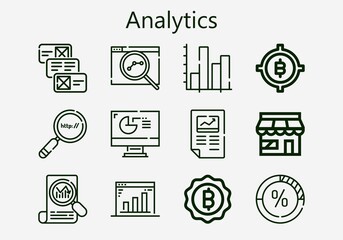 Premium set of analytics [S] icons. Simple analytics icon pack. Stroke vector illustration on a white background. Modern outline style icons collection of Bitcoin, Search engine, Stats, Data