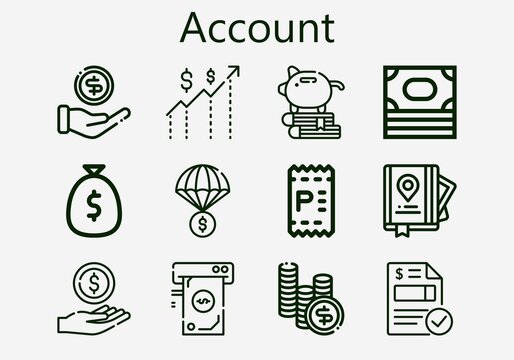 Premium set of account [S] icons. Simple account icon pack. Stroke vector illustration on a white background. Modern outline style icons collection of Money, Invoice, Guide, Piggy bank
