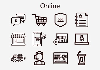 Premium set of online [S] icons. Simple online icon pack. Stroke vector illustration on a white background. Modern outline style icons collection of Call center, Shopping cart, Chat, Online shop