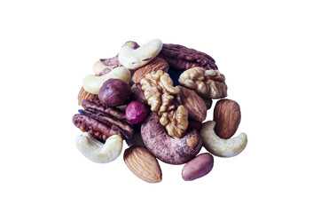 a pile of different types of nuts hazelnuts cashews almonds on a white background close up isolate