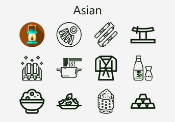 Premium set of asian [S] icons. Simple asian icon pack. Stroke vector illustration on a white background. Modern outline style icons collection of Lantern, Guotie, Nunchaku, Judo, Ingots, Katana