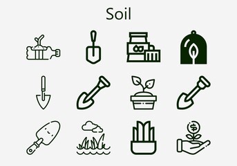 Premium set of soil [S] icons. Simple soil icon pack. Stroke vector illustration on a white background. Modern outline style icons collection of Plant, Shovel, Lawn, Sprout