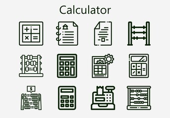 Premium set of calculator [S] icons. Simple calculator icon pack. Stroke vector illustration on a white background. Modern outline style icons collection of Cash register, Calculator, Abacus