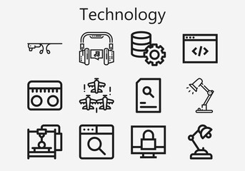 Premium set of technology [S] icons. Simple technology icon pack. Stroke vector illustration on a white background. Modern outline style icons collection of Padlock, Desk lamp, Server, Coding