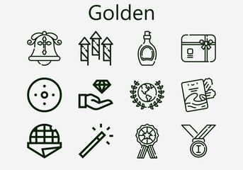 Premium set of golden [S] icons. Simple golden icon pack. Stroke vector illustration on a white background. Modern outline style icons collection of Stroopwafel, Gift card, Magic wand, Award