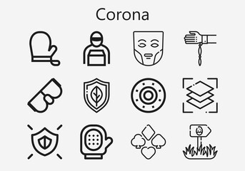 Premium set of corona [S] icons. Simple corona icon pack. Stroke vector illustration on a white background. Modern outline style icons collection of Goggles, Glove, Gloves, Shield, Delivery man