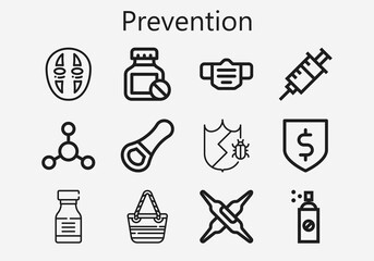 Premium set of prevention [S] icons. Simple prevention icon pack. Stroke vector illustration on a white background. Modern outline style icons collection of Hand bag, Insecticide, Calcium, Bottle
