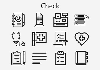 Premium set of check [S] icons. Simple check icon pack. Stroke vector illustration on a white background. Modern outline style icons collection of Red cross, Cash register, Stethoscope, Checklist