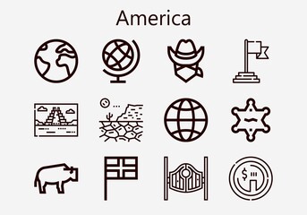 Premium set of america [S] icons. Simple america icon pack. Stroke vector illustration on a white background. Modern outline style icons collection of Earth, Dollar, Globe, Sheriff, Mayan pyramid