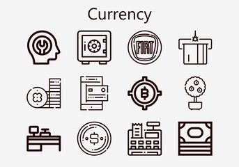 Premium set of currency [S] icons. Simple currency icon pack. Stroke vector illustration on a white background. Modern outline style icons collection of Money, Coin, Money tree, Safe deposit, Dollar