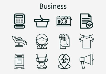 Premium set of business [S] icons. Simple business icon pack. Stroke vector illustration on a white background. Modern outline style icons collection of Receptionist, Placeholder, Megaphone, Relax