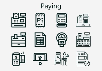 Premium set of paying [S] icons. Simple paying icon pack. Stroke vector illustration on a white background. Modern outline style icons collection of Invoice, Cash register, Payment terminal, Parking 