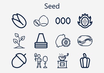 Premium set of seed [S] icons. Simple seed icon pack. Stroke vector illustration on a white background. Modern outline style icons collection of Pistachio, Nuts, Seeds, Cone, Kiwi, Reforestation