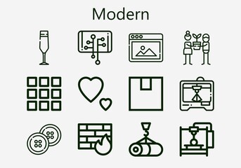 Premium set of modern [S] icons. Simple modern icon pack. Stroke vector illustration on a white background. Modern outline style icons collection of 3d printers, Palette, Champagne glass, Packing