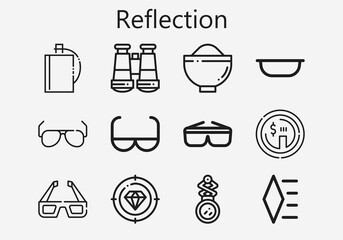 Premium set of reflection [S] icons. Simple reflection icon pack. Stroke vector illustration on a white background. Modern outline style icons collection of Dollar, 3d glasses, Binoculars, Sun glasses