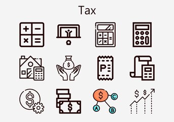 Premium set of tax [S] icons. Simple tax icon pack. Stroke vector illustration on a white background. Modern outline style icons collection of Money, Invoice, Dollar, Calculator, Bill, Calculate