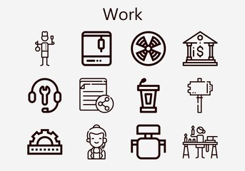 Premium set of work [S] icons. Simple work icon pack. Stroke vector illustration on a white background. Modern outline style icons collection of Hammer, Call center, Bank, Cogwheel, Staff