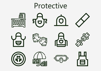 Premium set of protective [S] icons. Simple protective icon pack. Stroke vector illustration on a white background. Modern outline style icons collection of Seat belt, Helmet, Gloves, Shield
