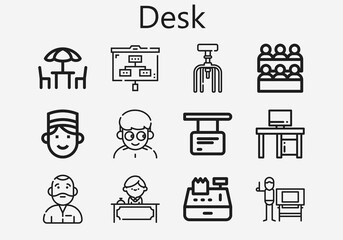 Premium set of desk [S] icons. Simple desk icon pack. Stroke vector illustration on a white background. Modern outline style icons collection of Graphic designer, Receptionist, Concierge, Chairs