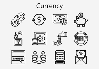 Premium set of currency [S] icons. Simple currency icon pack. Stroke vector illustration on a white background. Modern outline style icons collection of Money, Coin, Loan, Cash register, Coins