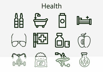 Premium set of health  icons. Simple health icon pack. Stroke vector illustration on a white background. Modern outline style icons collection of Insemination, Apple, Red cross, Dna
