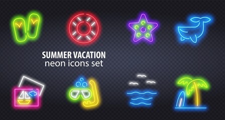 Summer Travel Neon Icons. Vector Illustration of Vacation Promotion. Summer icons set. Summer neon sign. Neon beach holidays by the sea