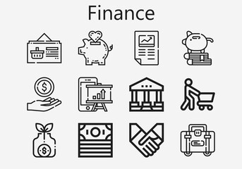 Premium set of finance [S] icons. Simple finance icon pack. Stroke vector illustration on a white background. Modern outline style icons collection of Money, Courthouse, Briefcase, Piggy bank