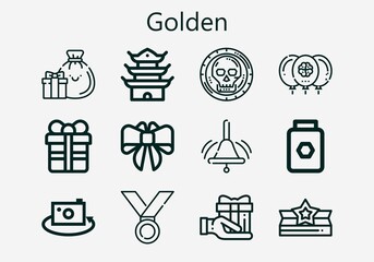 Premium set of golden [S] icons. Simple golden icon pack. Stroke vector illustration on a white background. Modern outline style icons collection of Gift, Coin, Honey, Award, Picture, Balloon