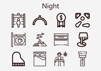 Premium set of night [S] icons. Simple night icon pack. Stroke vector illustration on a white background. Modern outline style icons collection of Bed, Piano, Bar, Bonfire, Noon, Position, DJ