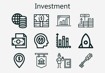 Premium set of investment [S] icons. Simple investment icon pack. Stroke vector illustration on a white background. Modern outline style icons collection of Money, Bank, Safety box, Chart