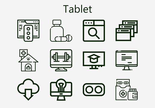 Premium set of tablet [S] icons. Simple tablet icon pack. Stroke vector illustration on a white background. Modern outline style icons collection of Drugs, Medicine, Clinic, Cloud computing, Monitor