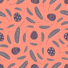 Eggs and feathers Easter seamless pattern. Design for Easter, textile, paper, printing, scrapbooking, greeting cards. Vector illustration