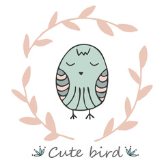 Vector cute doodle with bird, frame on white background.