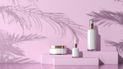 cosmetic bottle mockup on pink stage with tropical plants shadow, abstract mockup for ads branding...
