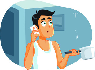 Man Calling the Plumber while the Ceiling is Leaking