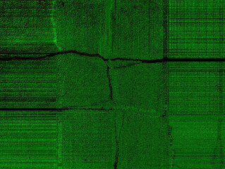 Green background with striking dark and light accents.
