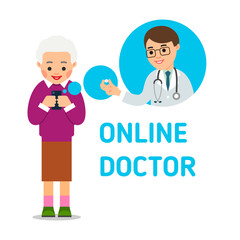 An elderly woman calls up a doctor. A young doctor advises the patient the medicine on the phone. Health care and modern communication technology concept. Flat illustration on white background